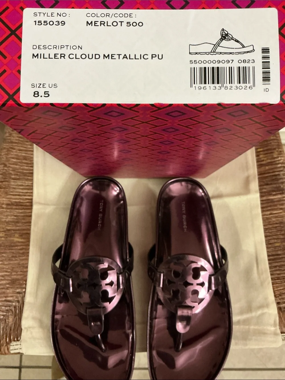 Tory Burch Metallic Merlot Logo Jelly Thong Sandals